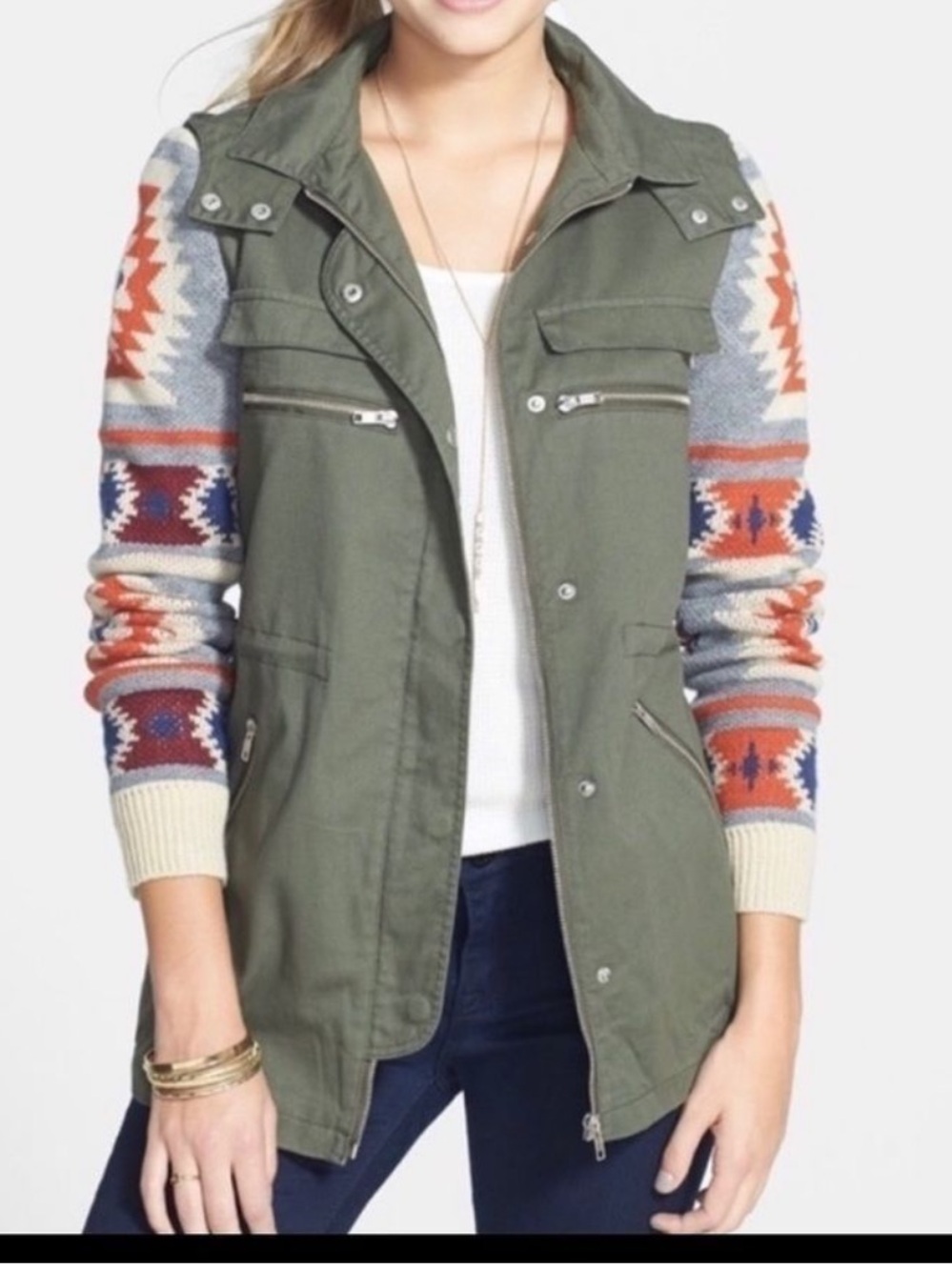Thread Supply Women’s Olive Utility Hooded Jacket with Aztec Knit Sleeves size S